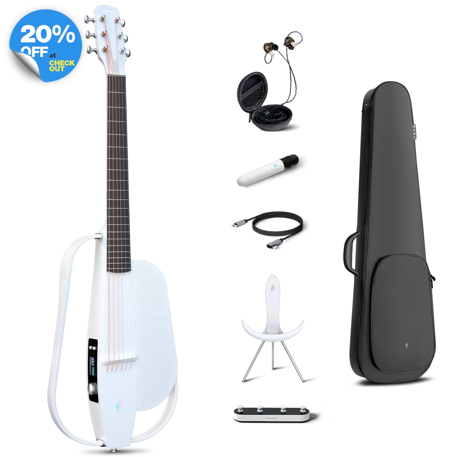 NEXG2 smart guitar bundle in white, displaying the carbon fiber guitar alongside its accessories: a gig bag, in-ear monitors, charging cable, NEXG stand, and footswitch.