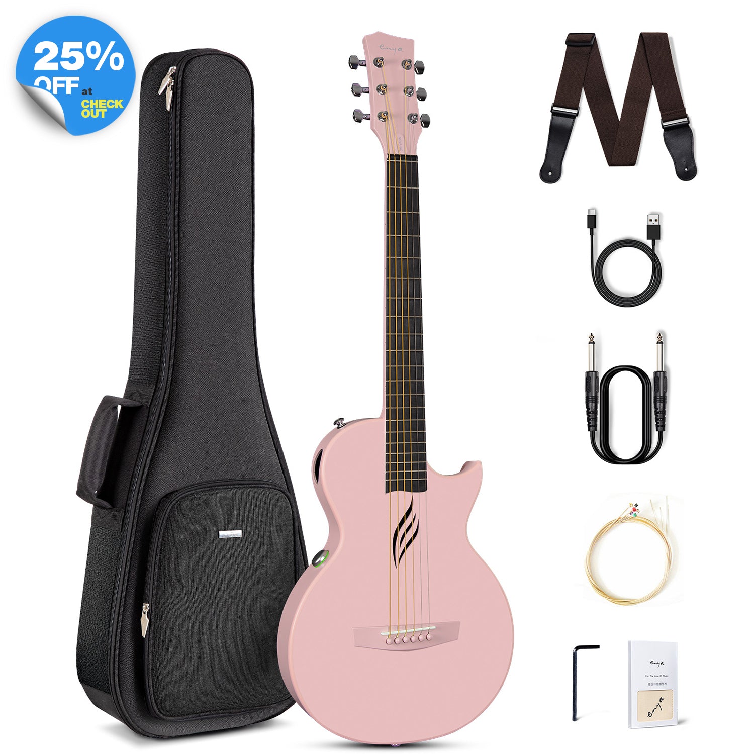 A carbon fiber travel guitar, Nova Go SP1, in pink color, displayed alongside its accessories which include a gig bag, strap, guitar cable, a set of spare strings, usb charging cable, truss rod wrench, a polish cloth.
