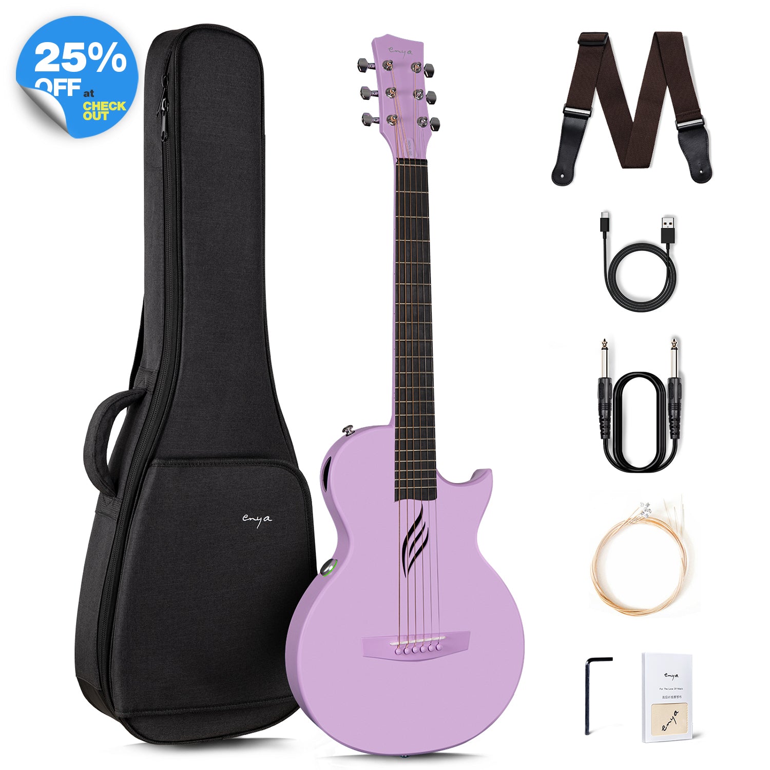 A carbon fiber travel guitar, Nova Go SP1, in purple color, displayed alongside its accessories which include a gig bag, strap, guitar cable, a set of spare strings, usb charging cable, truss rod wrench, a polish cloth.