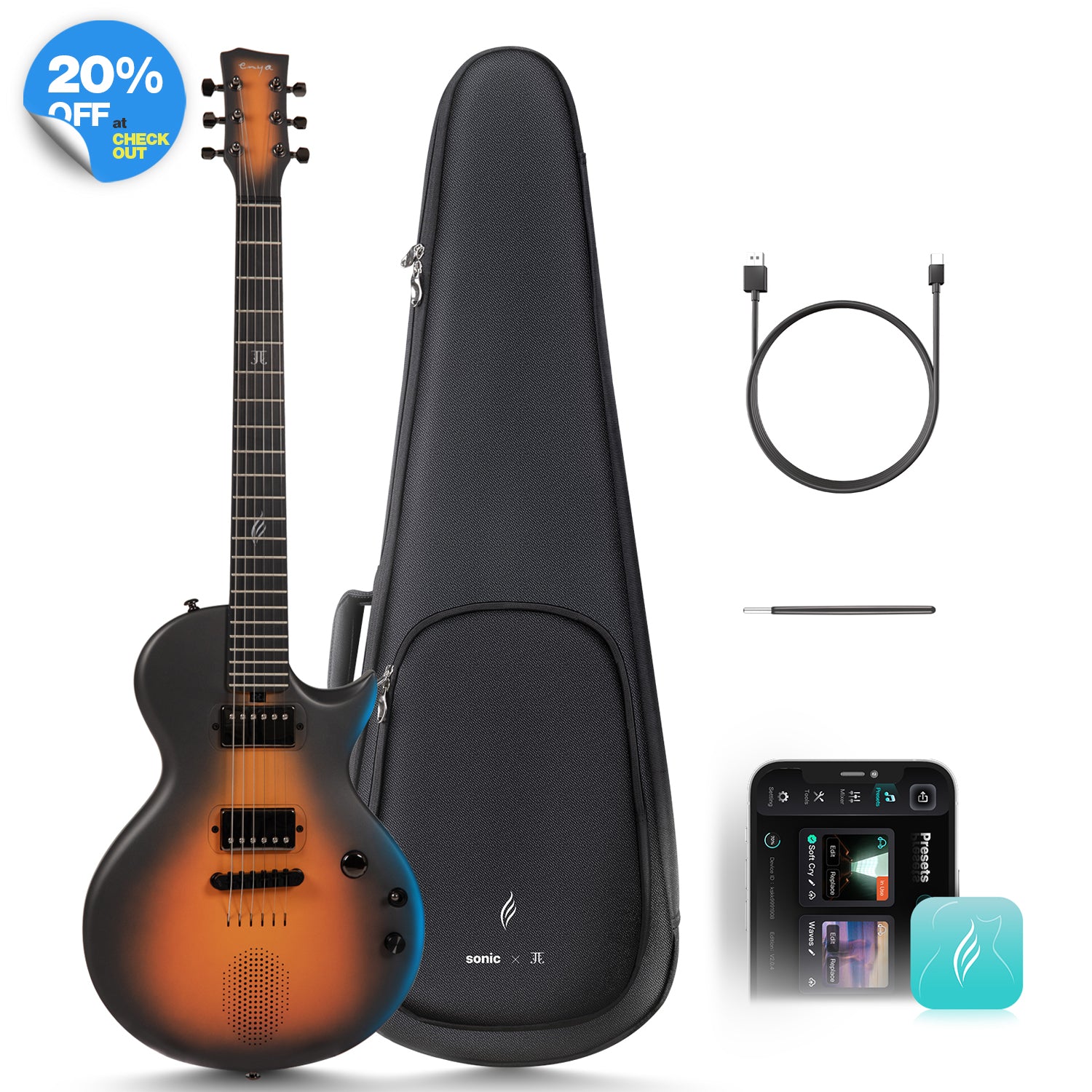 Enya Sonic JT with gig bag, charging cable, and truss rod wrench.