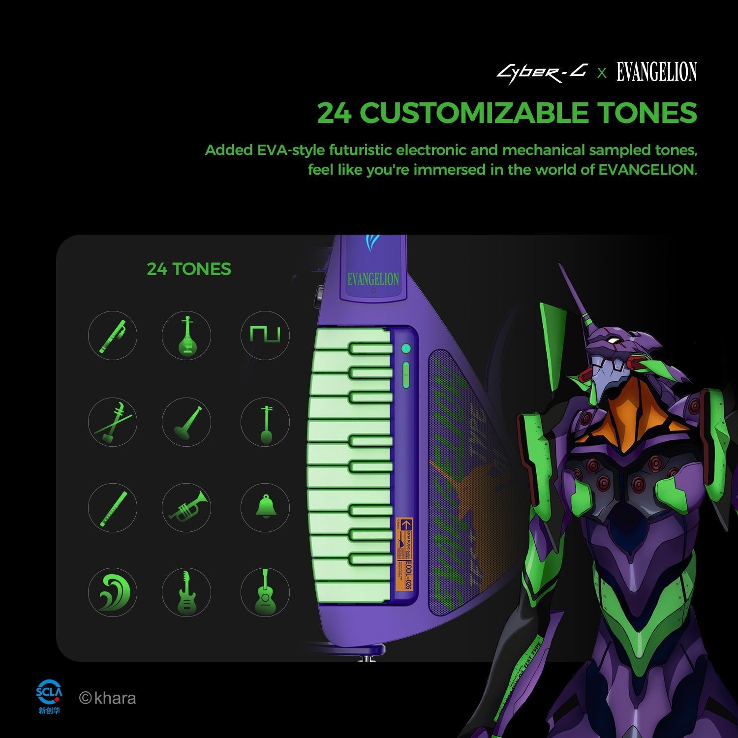 Electronic device with customizable tones next to a character from 'Evangelion' on a dark background