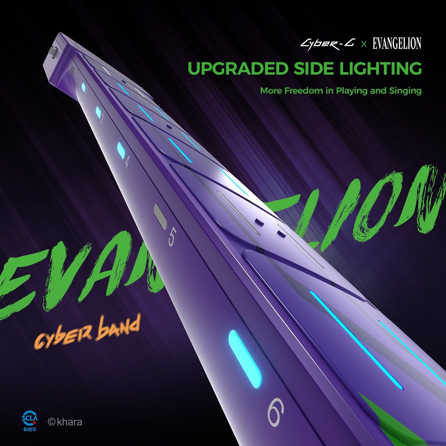 Smartphone with upgraded side lighting on a dark background with 'Evangelion' branding.