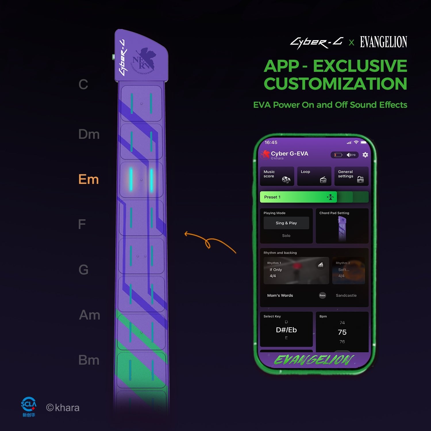 Purple electronic device with app interface on a dark background, featuring Cyber-G x Evangelion branding.