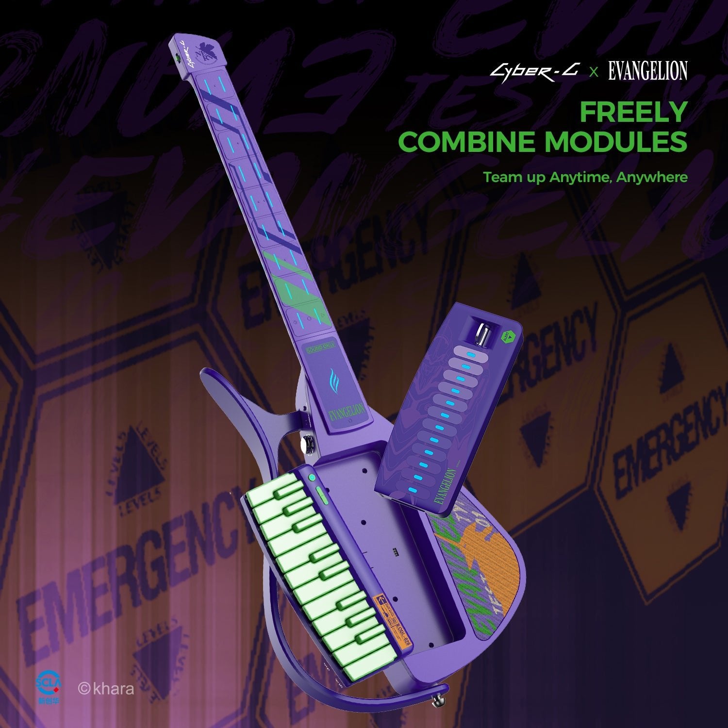 Purple electronic guitar with green display on a dark background, featuring Cyber-G x Evangelion branding.