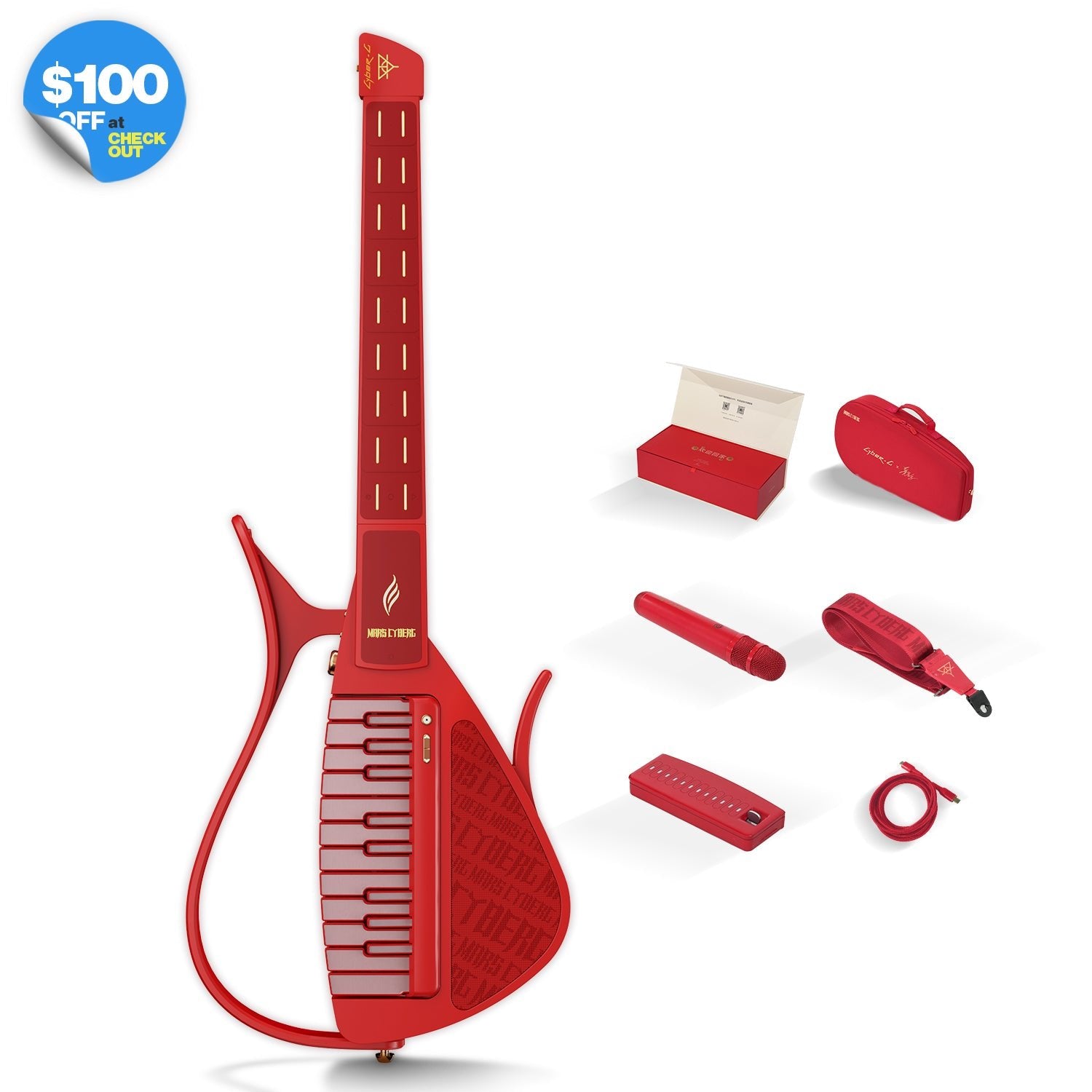 Red electronic guitar with accessories on a white background