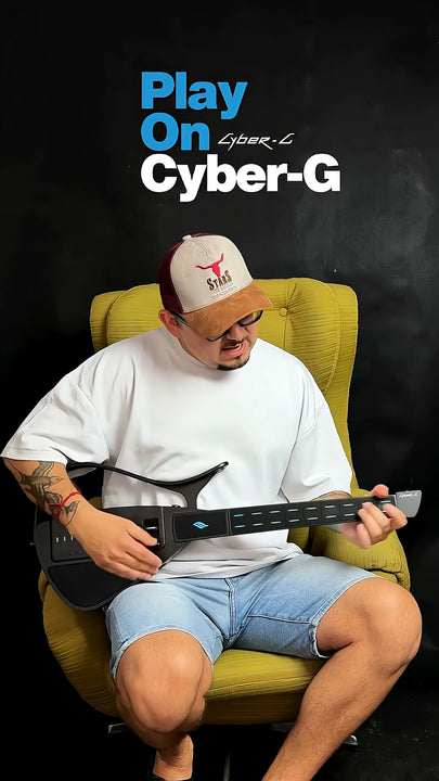 Person playing a Cyber-G guitar with 'Play On Cyber-G' text on a dark background