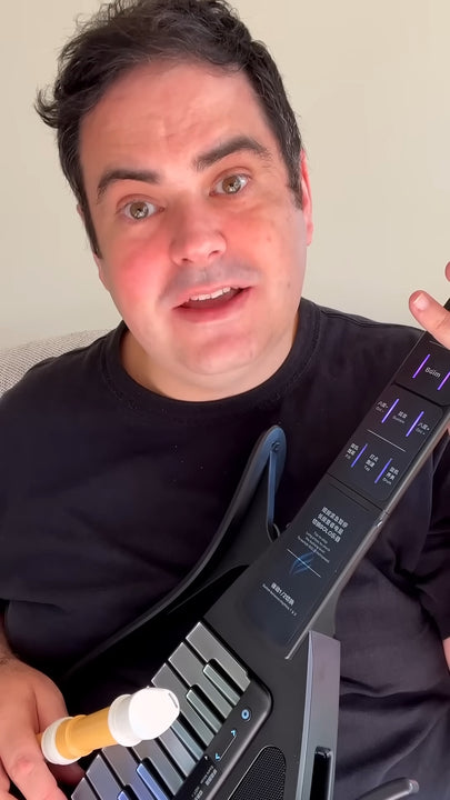 Person holding a Cyber-G guitar with a white background