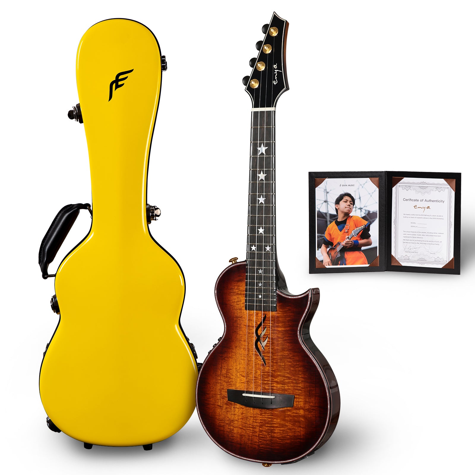 Glossy brown ukulele with a yellow case on a white background