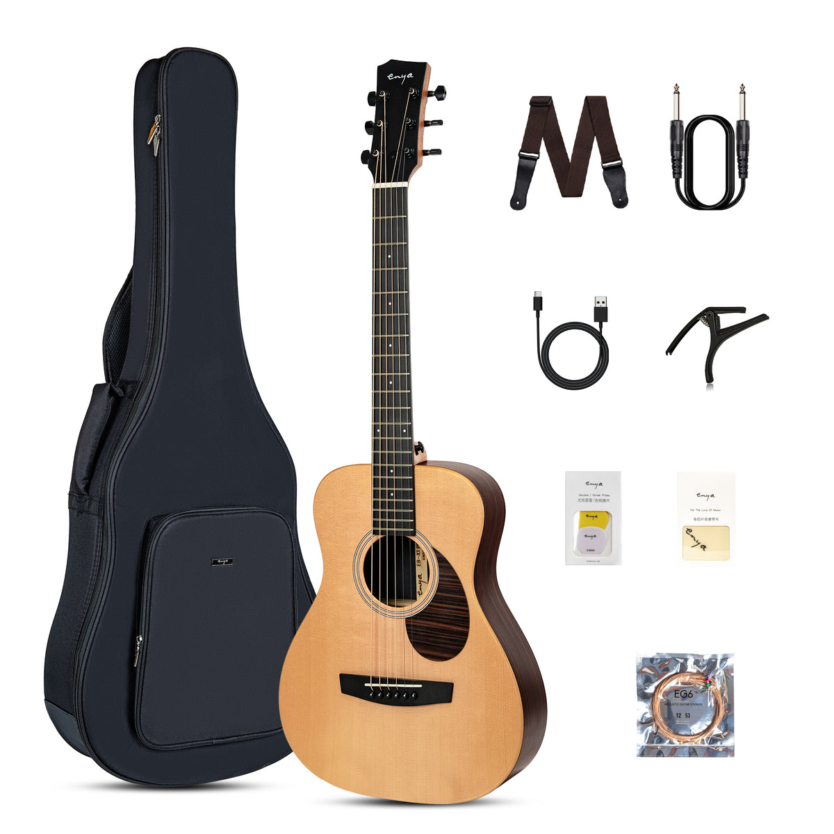 Acoustic guitar with a natural wood finish accompanied by a black guitar bag, a black strap, a black cable, a capo, and a pack of guitar picks.