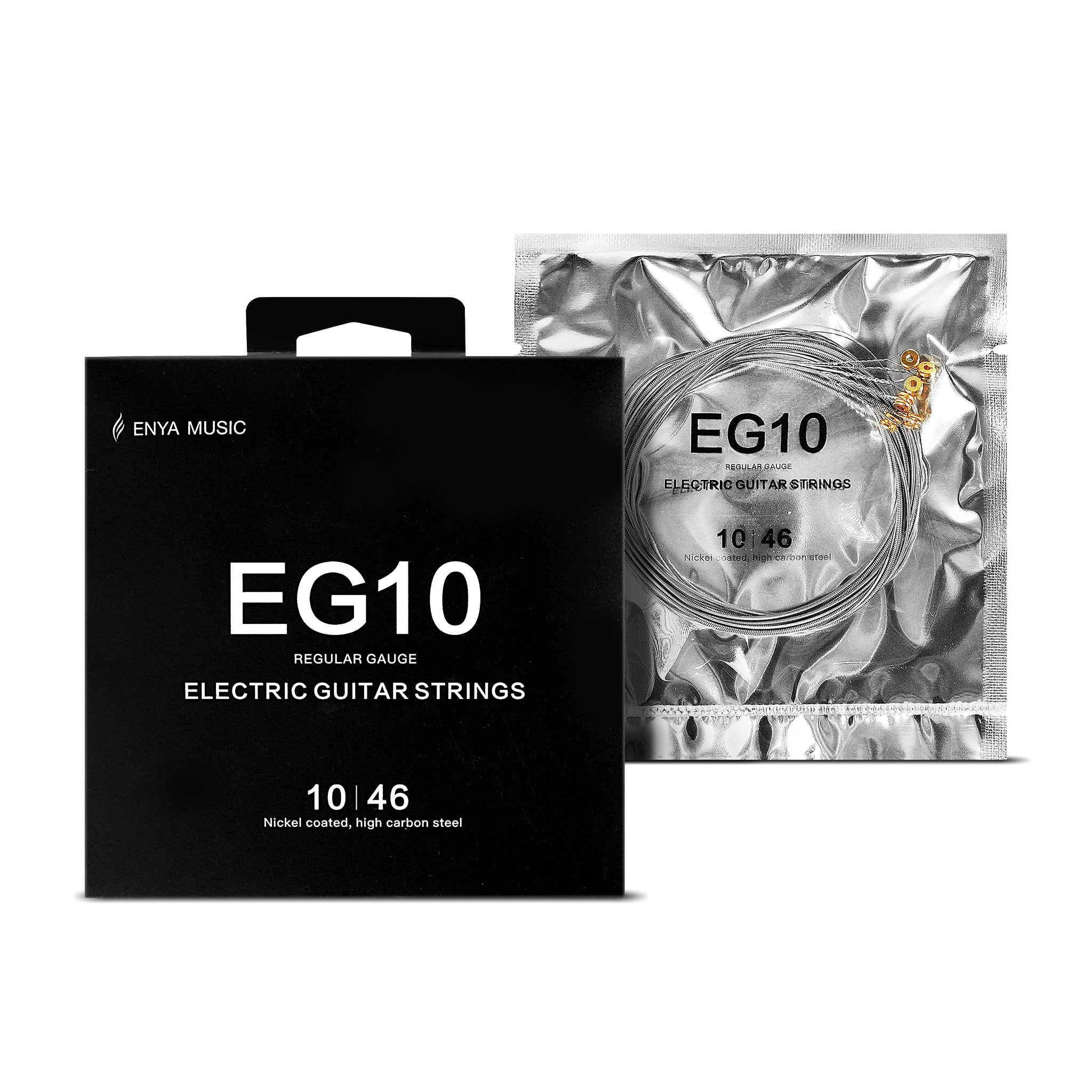 A pack of Enya Music electric guitar strings, model EG10, displayed alongside its packaging.