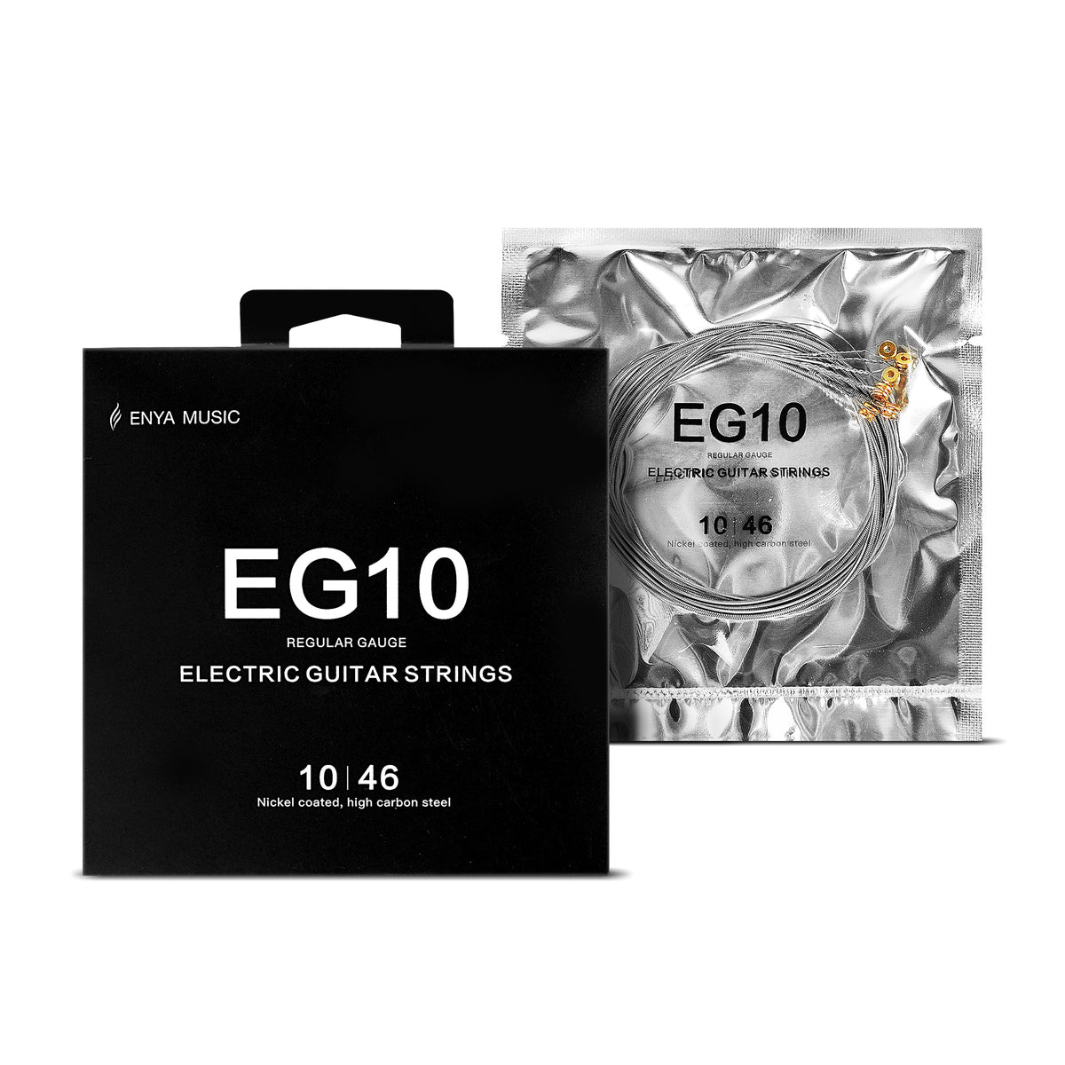 A pack of Enya Music electric guitar strings, model EG10, displayed alongside its packaging.