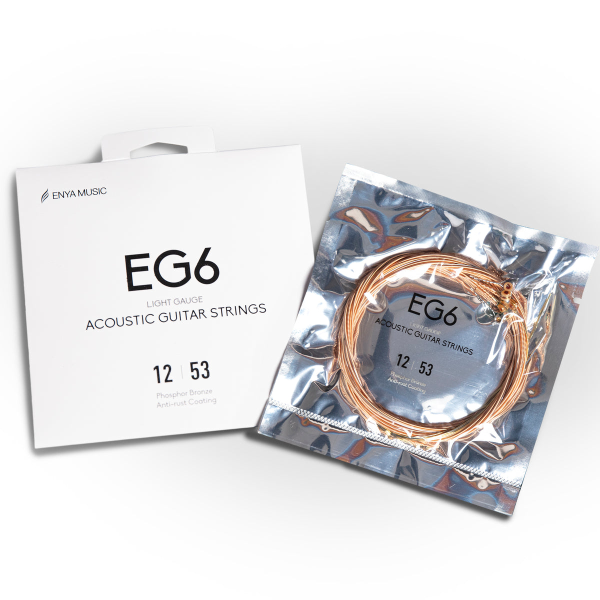 A pack of Enya Music acoustic guitar strings, model EG6, displayed alongside its packaging.