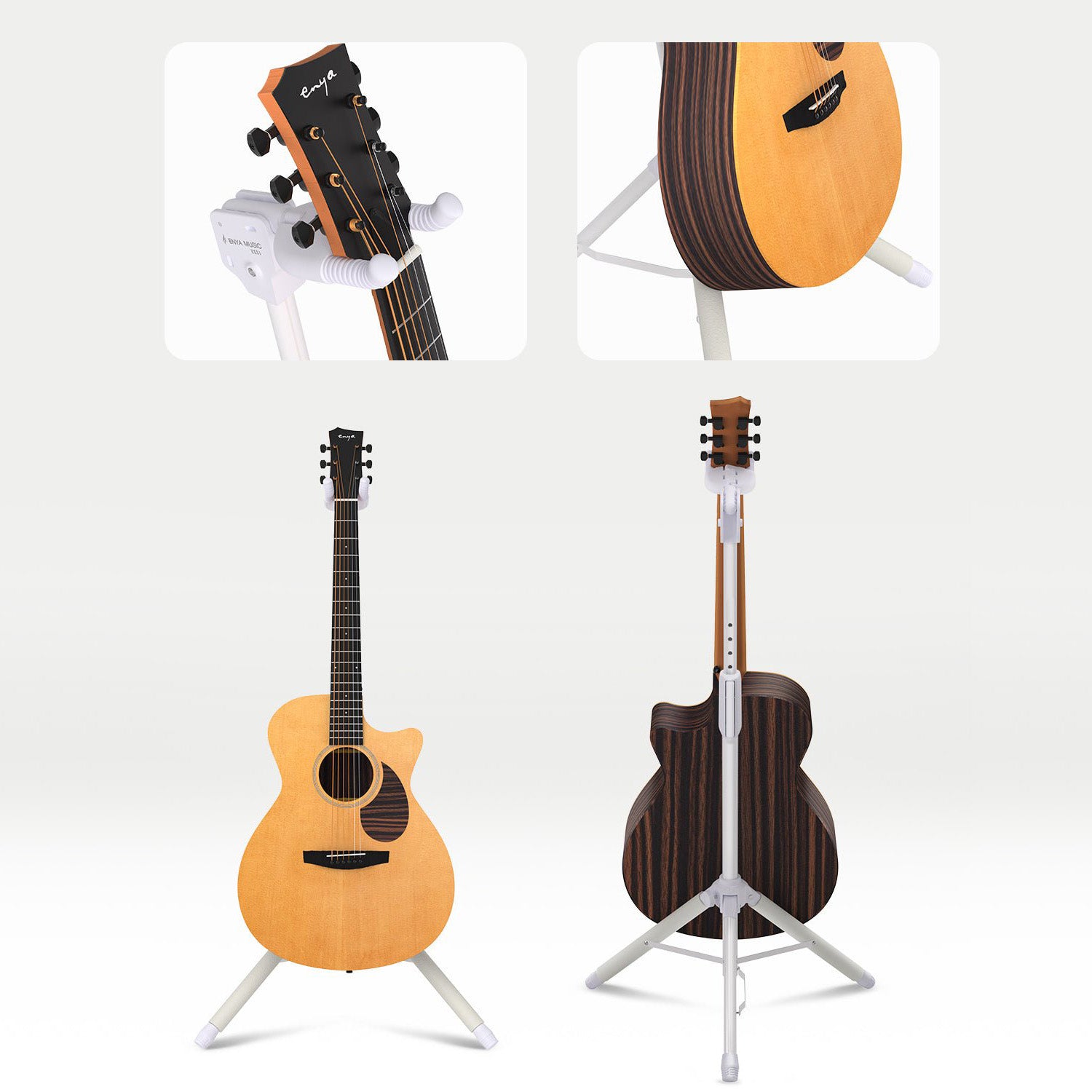Guitar stand holding a guitar with close-up insets on a white background