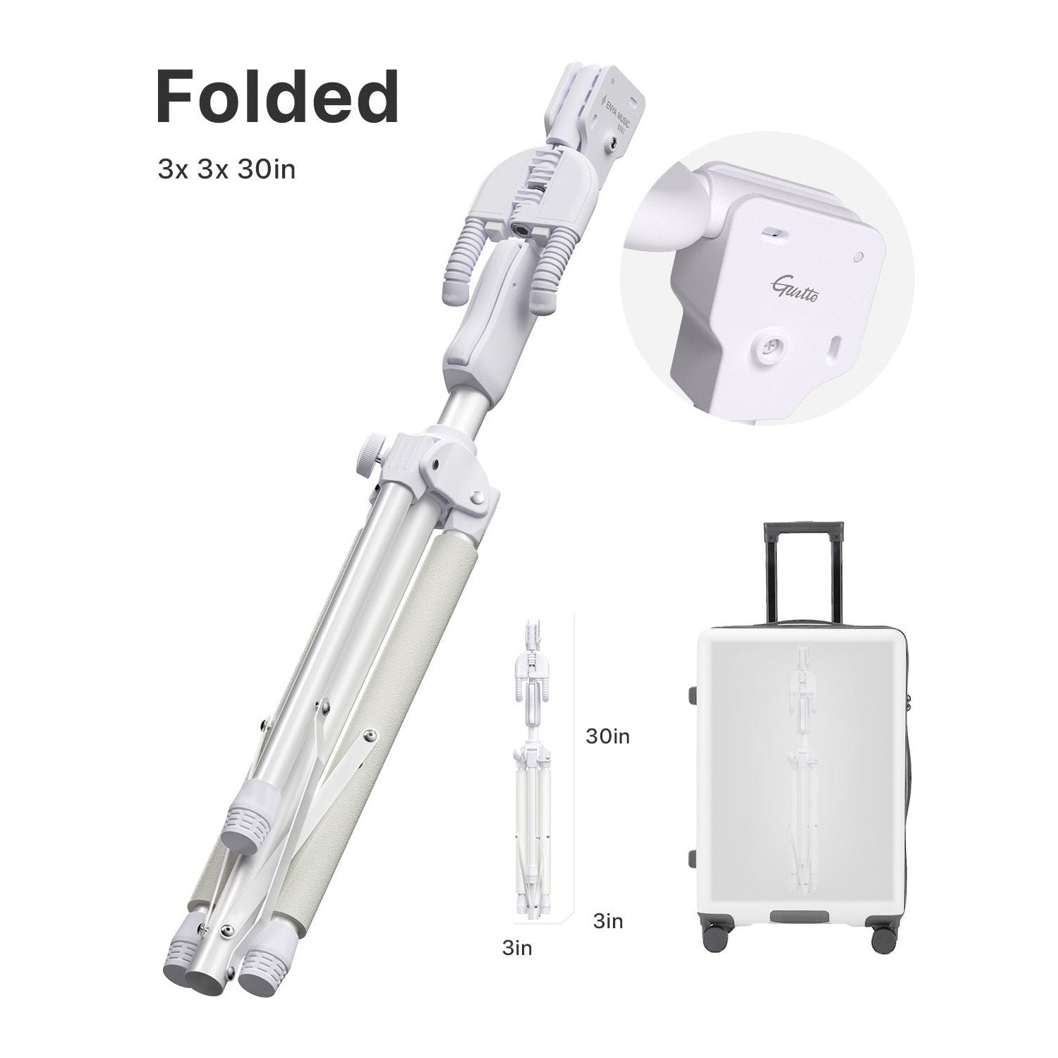 Collapsible stand with adjustable height, white suitcase, and circular device on a white background
