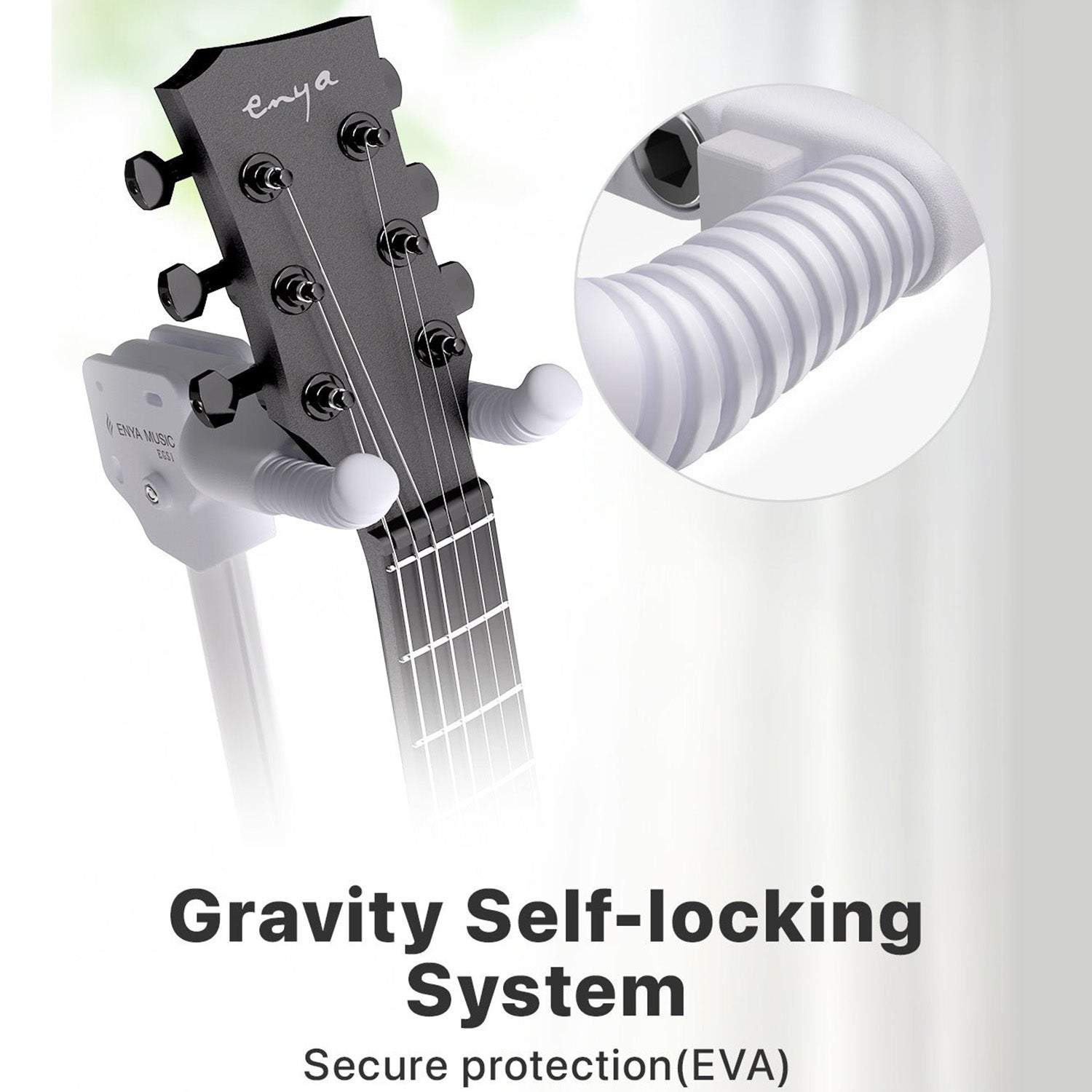 Guitar wall hanger with 'Gravity Self-locking System' feature on a white background