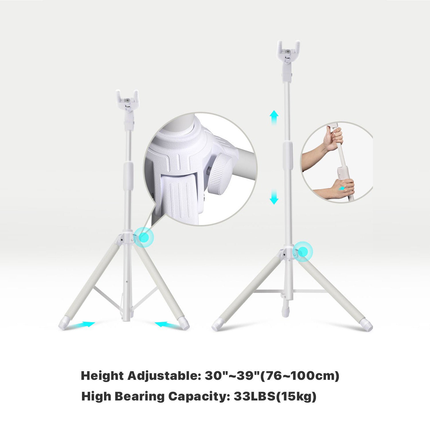 Adjustable stand with height and bearing capacity details on a white background