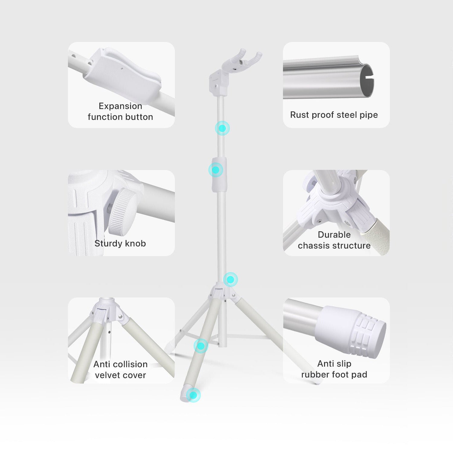 White stand with labeled features on a gray background