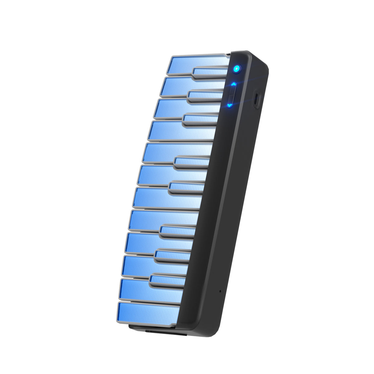 A black and blue keyboard module with illuminated blue keys, possibly for a musical instrument