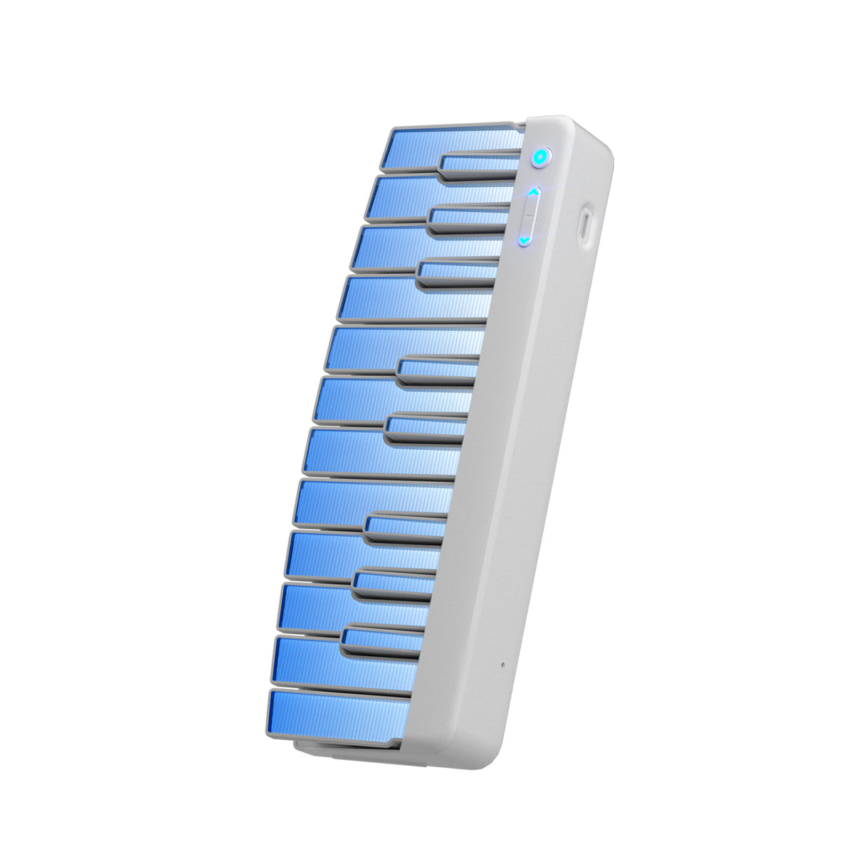 A white and blue keyboard module with multiple keys, illuminated with blue lights, and a power indicator light visible at the top.