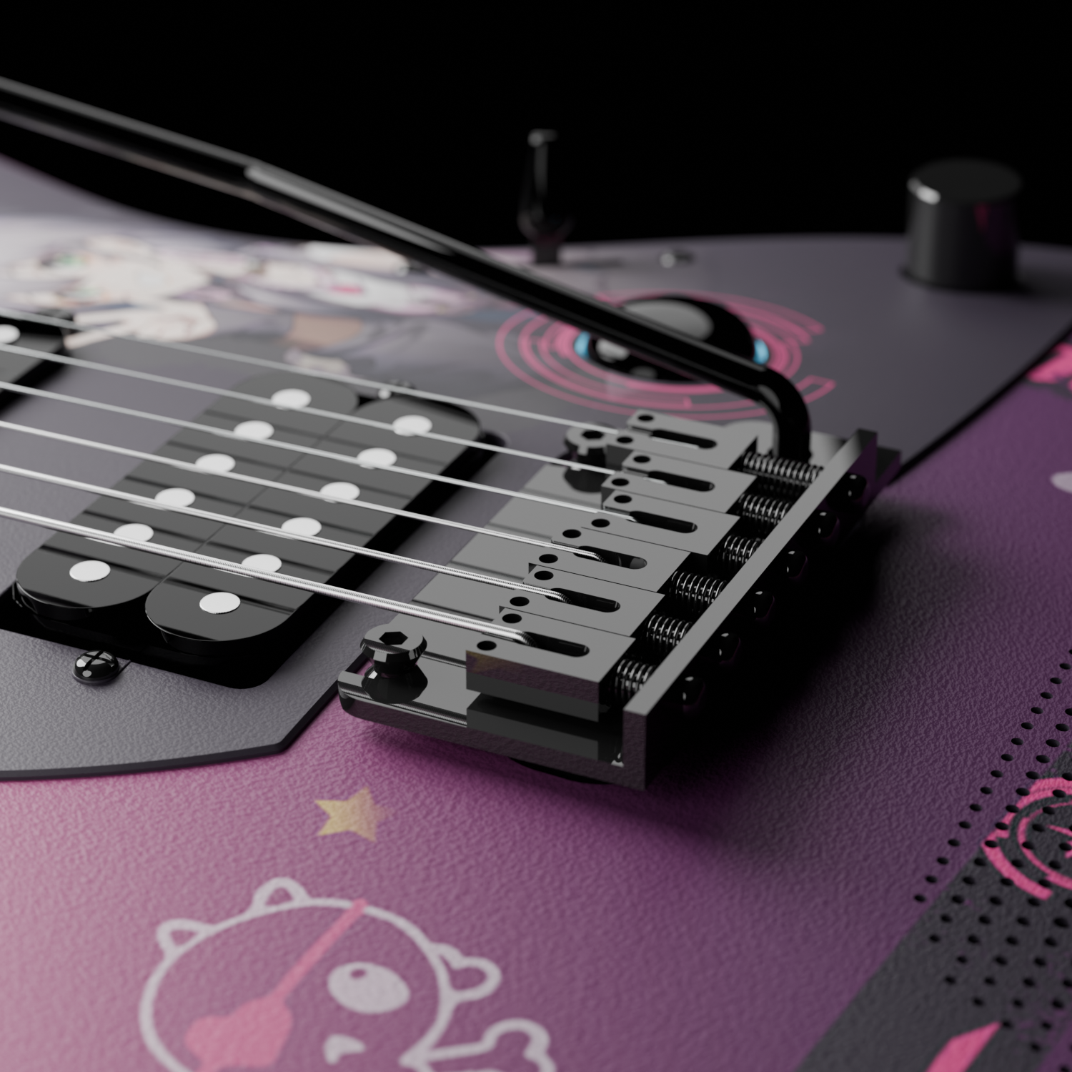 The modern 2-point tremolo system bridge on the Enya Inspire guitar.
