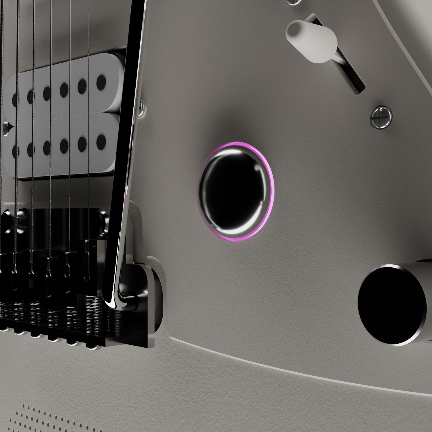 The control knobs and pickguard on the Enya Inspire electric guitar.