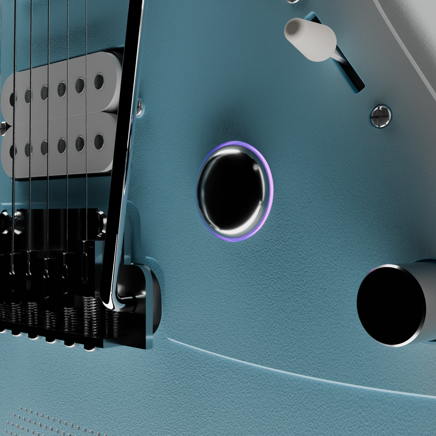 The control knobs and pickguard on the Enya Inspire electric guitar.