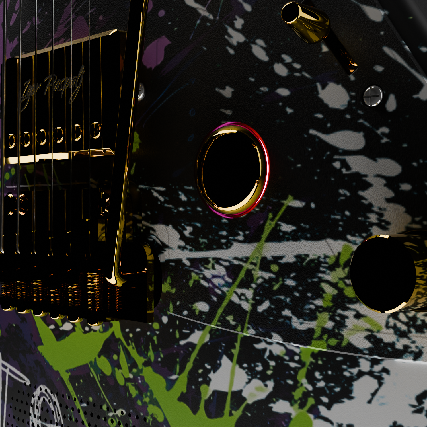 The control knobs and pickguard on the Enya Inspire electric guitar.