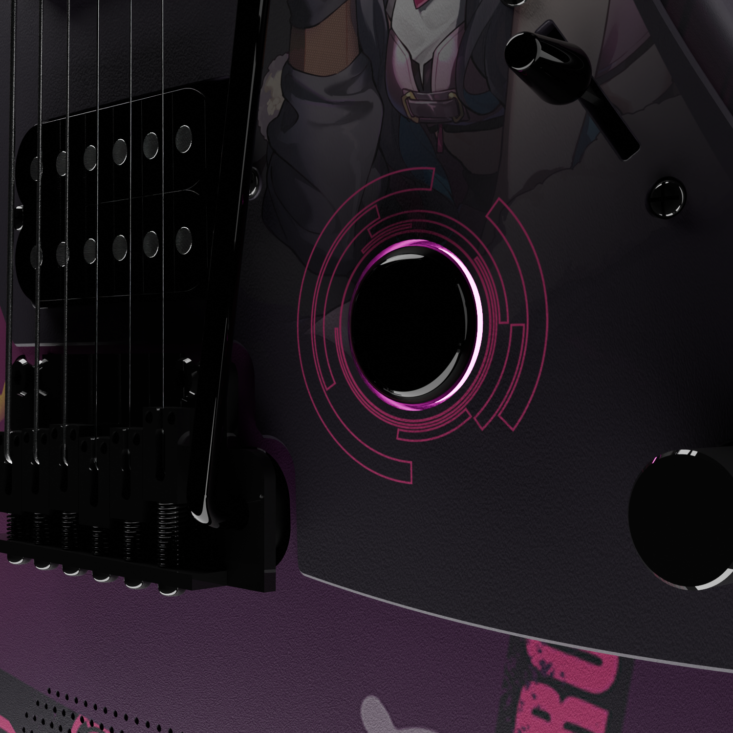 The control knobs and pickguard on the Enya Inspire electric guitar.