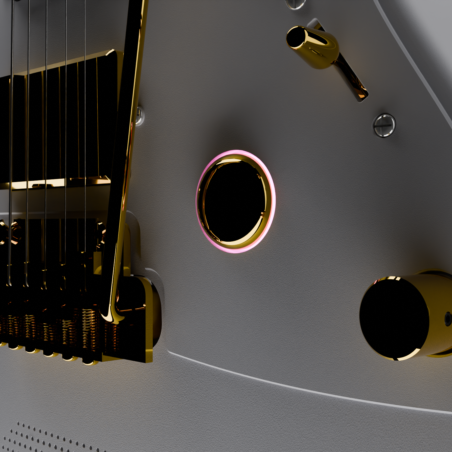 The control knobs and pickguard on the Enya Inspire electric guitar.