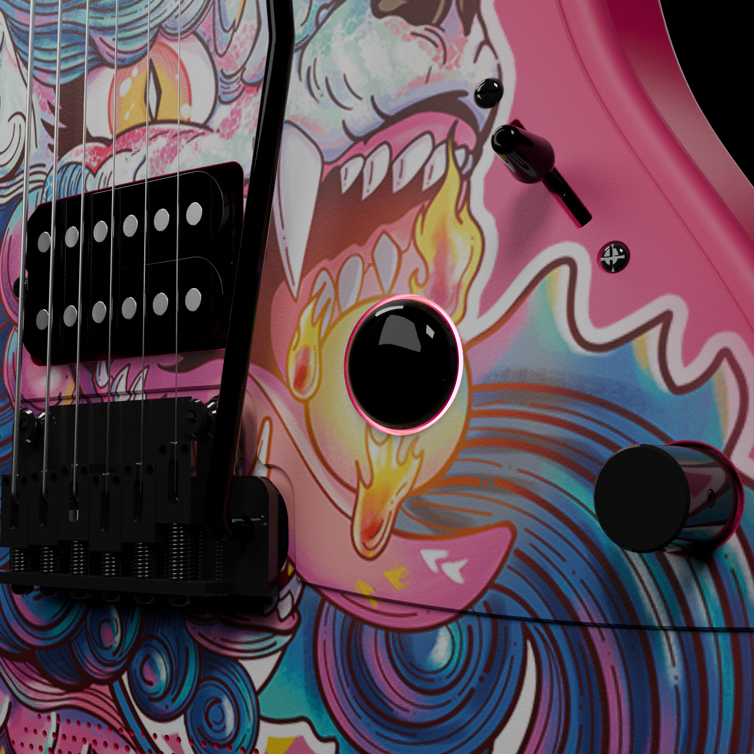 The control knobs and pickguard on the Enya Inspire electric guitar.