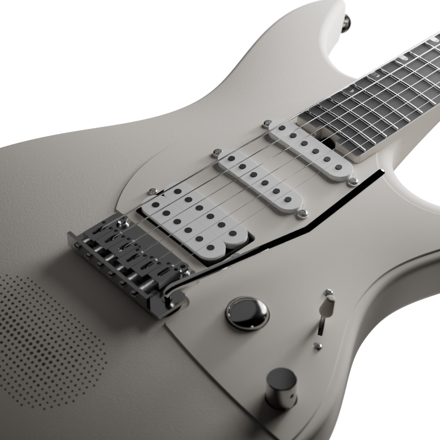 Close-up of the Enya Inspire's HSS pickup configuration, 5-way switch, and pickguard.