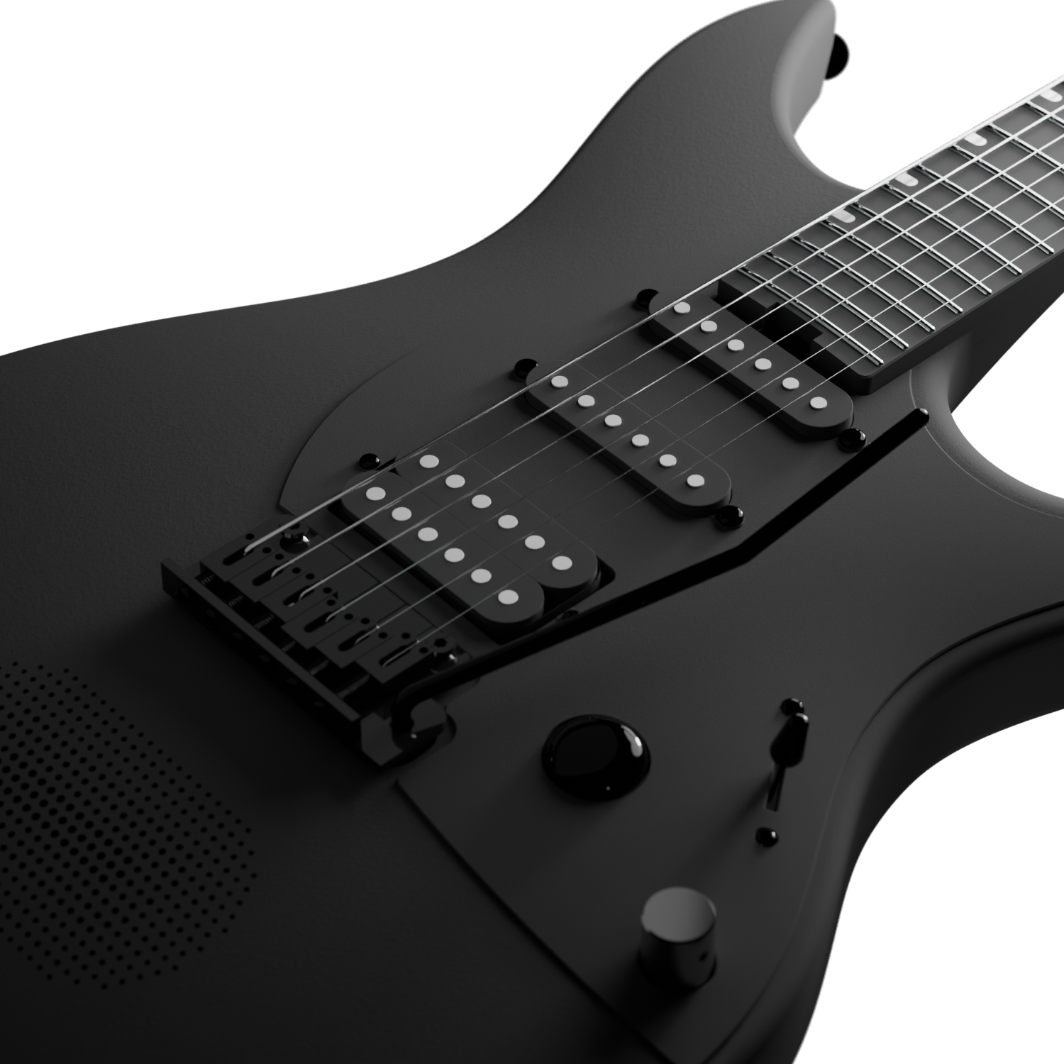 Close-up of the Enya Inspire's HSS pickup configuration, 5-way switch, and pickguard.