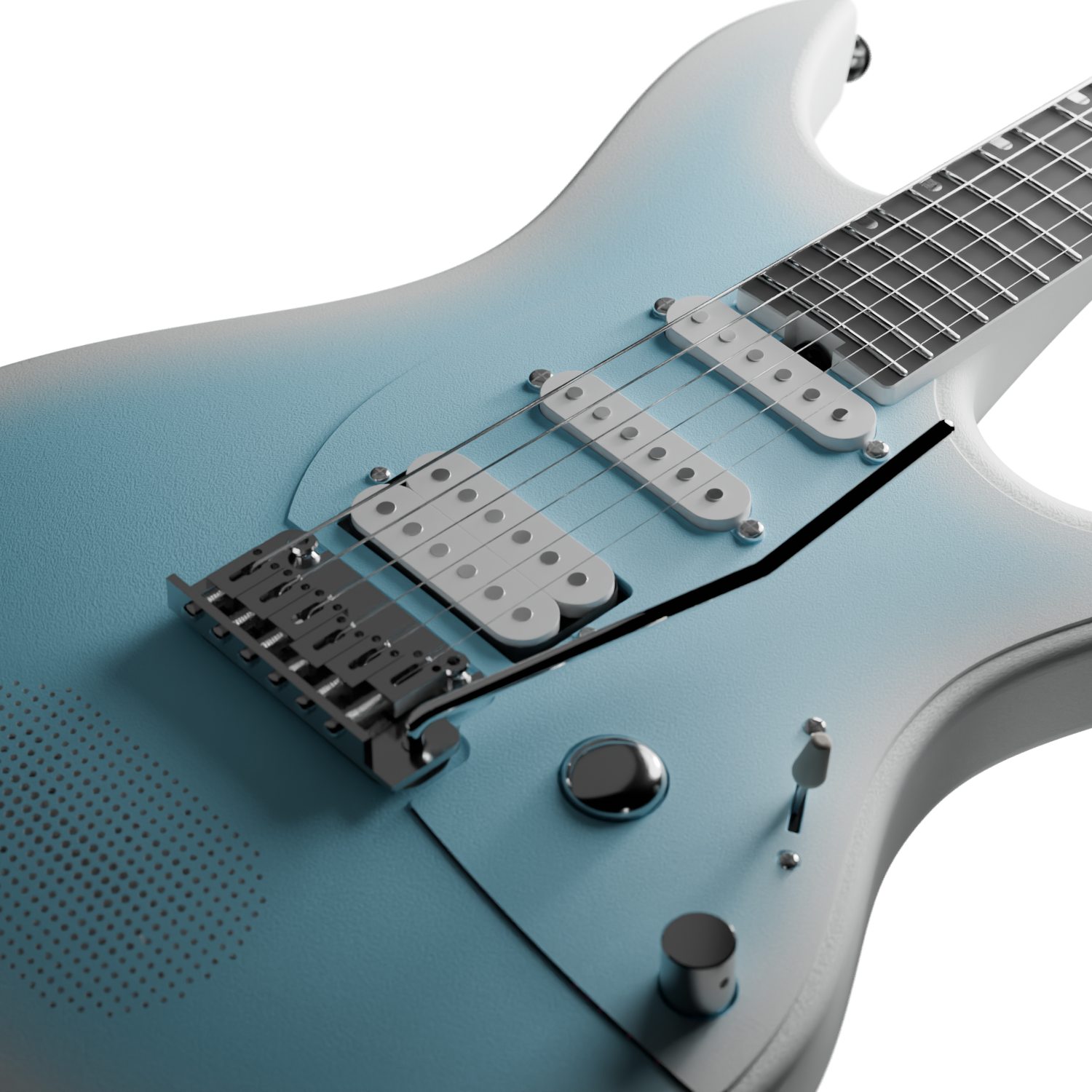 Close-up of the Enya Inspire's HSS pickup configuration, 5-way switch, and pickguard.