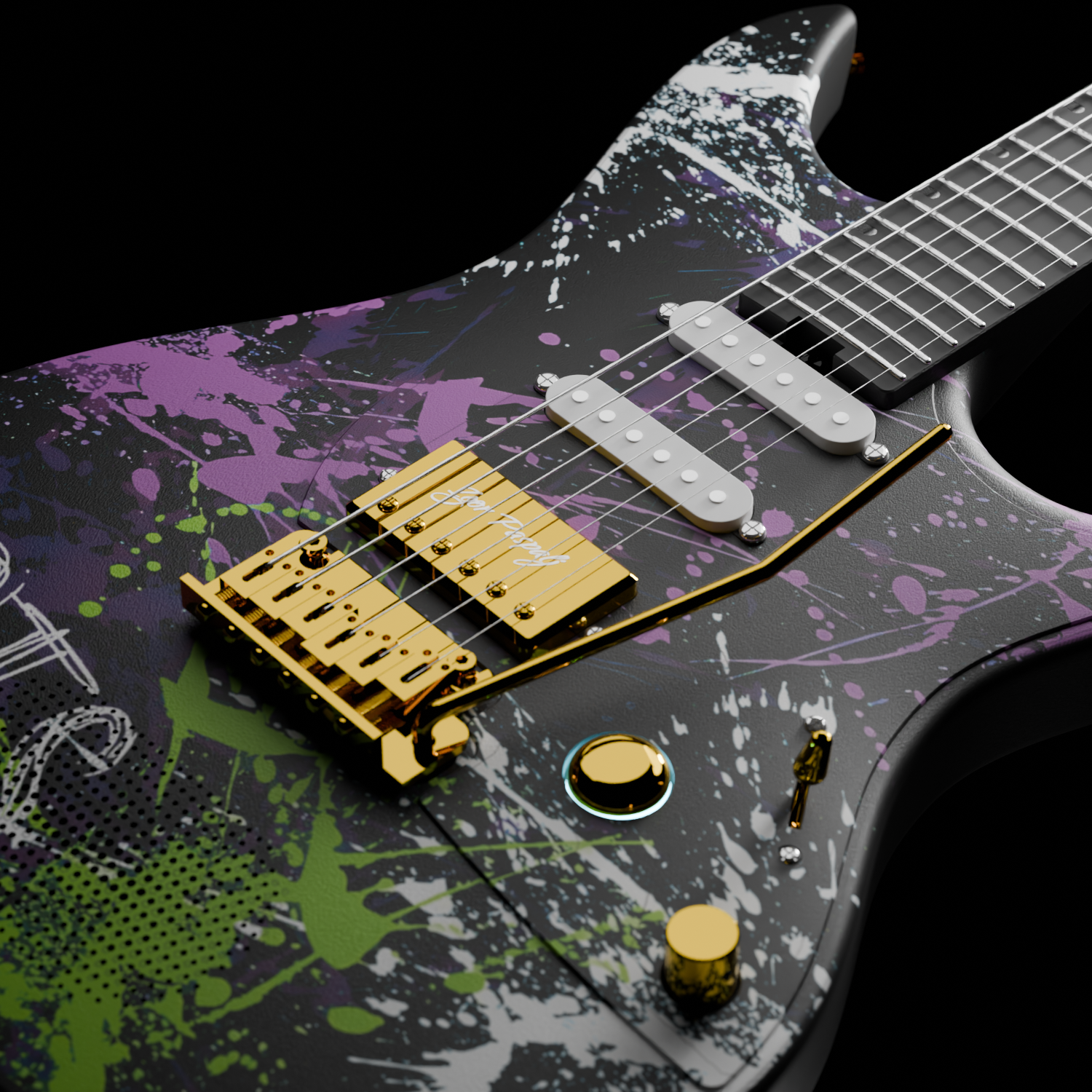 Close-up of the Enya Inspire's HSS pickup configuration, 5-way switch, and pickguard.