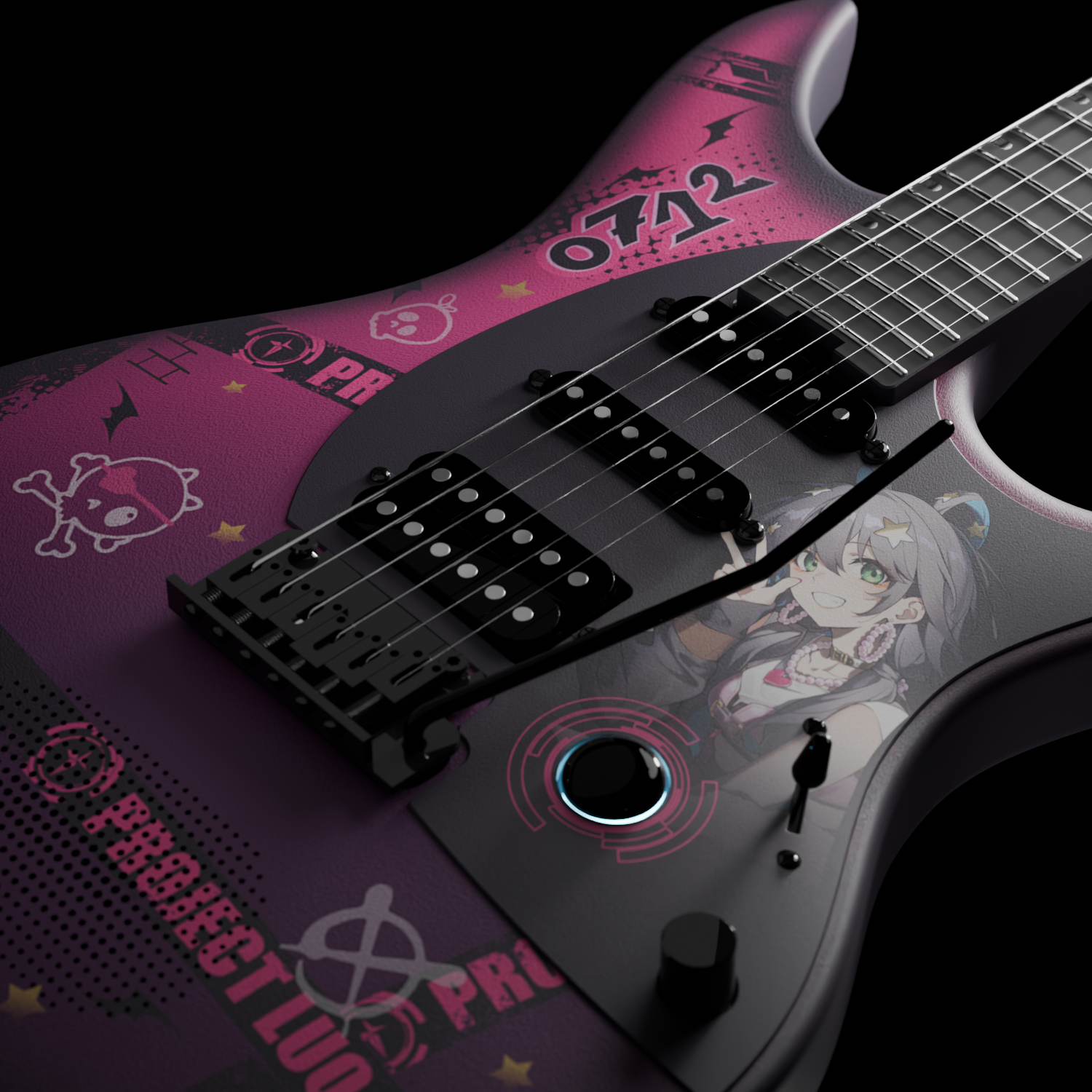 Close-up of the Enya Inspire's HSS pickup configuration, 5-way switch, and pickguard.