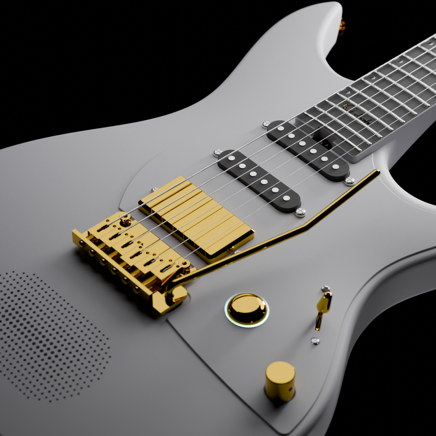 Close-up of the Enya Inspire's HSS pickup configuration, 5-way switch, and pickguard.