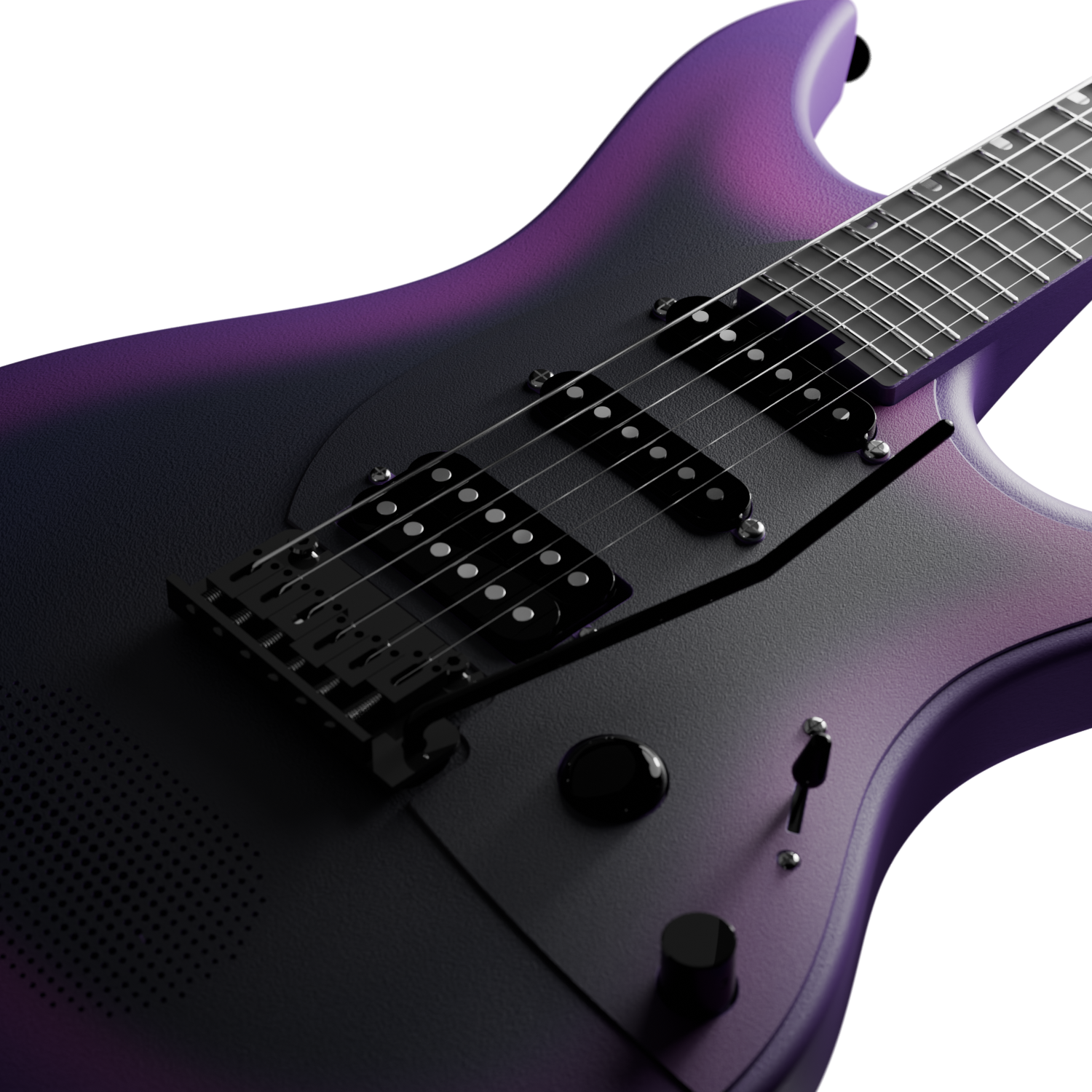 Close-up of the Enya Inspire's HSS pickup configuration, 5-way switch, and pickguard.