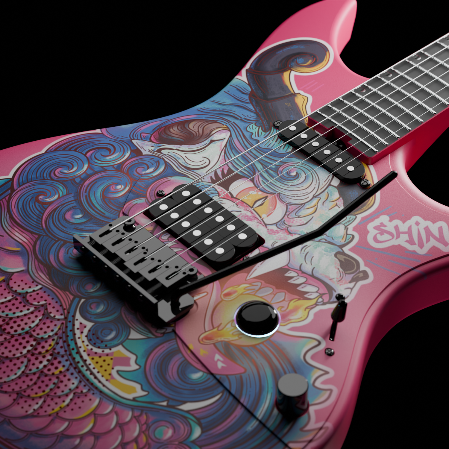 Close-up of the Enya Inspire's HSS pickup configuration, 5-way switch, and pickguard.