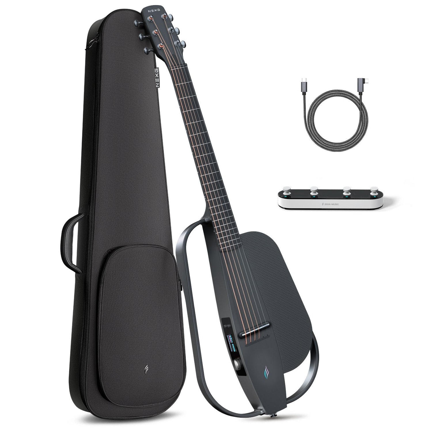 NEXG2 smart guitar bundle in black, displaying the carbon fiber guitar alongside its accessories: a gig bag, charging cable, and footswitch.