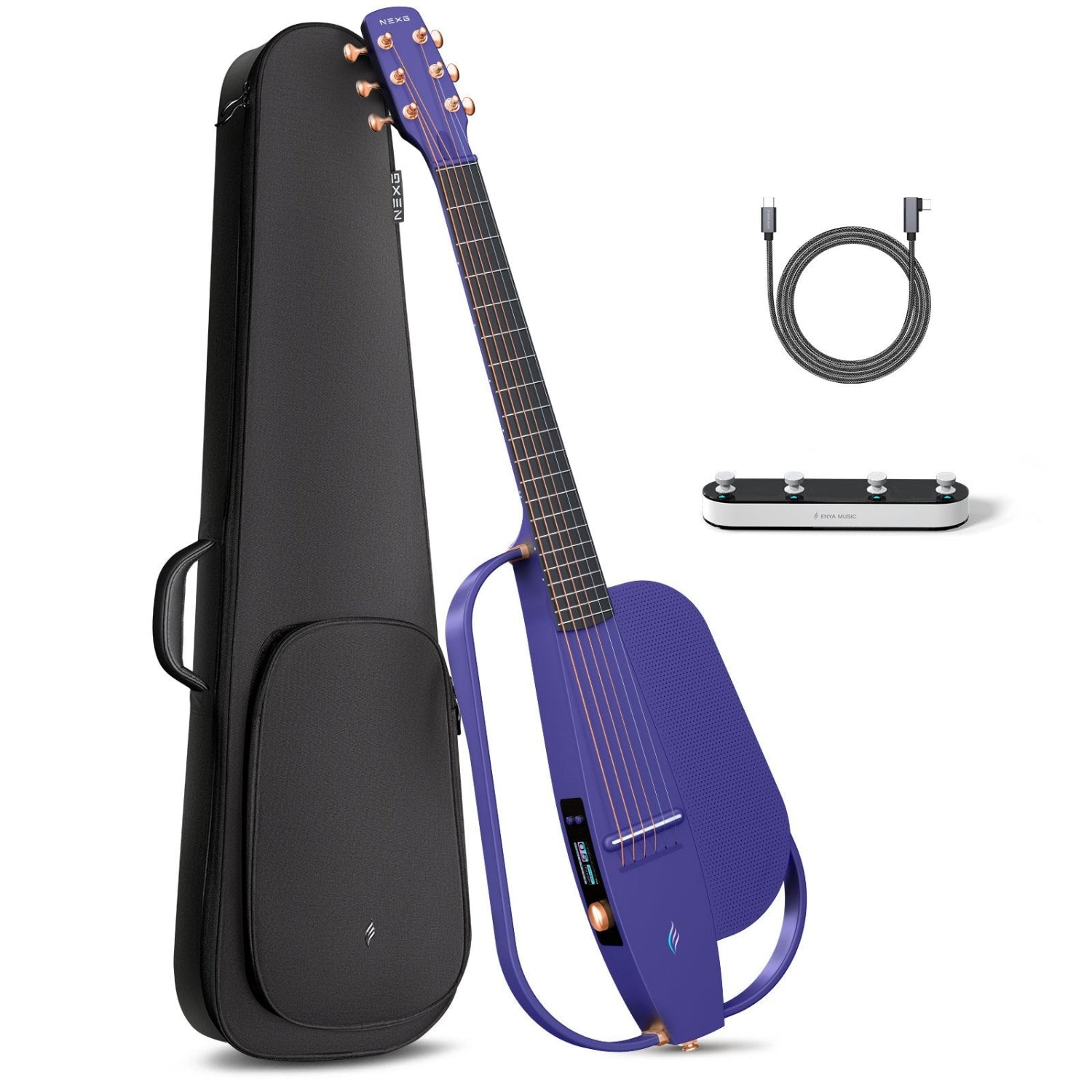 NEXG2 smart guitar bundle in purple, displaying the carbon fiber guitar alongside its accessories: a gig bag, charging cable, and footswitch.