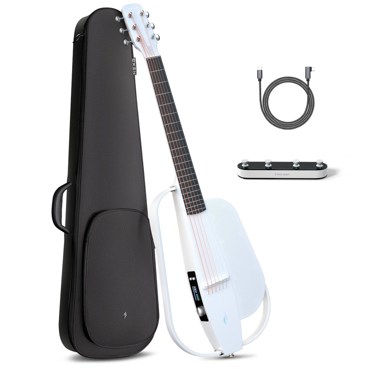 NEXG2 smart guitar bundle in white, displaying the carbon fiber guitar alongside its accessories: a gig bag, charging cable, and footswitch.