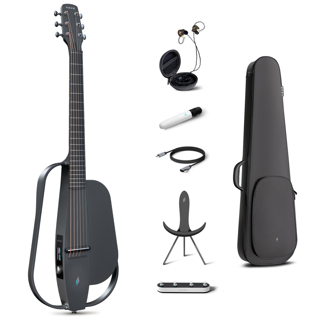 Enya NEXG2 smart guitar bundle in black, displaying the carbon fiber guitar alongside its accessories: a gig bag, in-ear monitors, charging cable, NEXG stand, and footswitch.