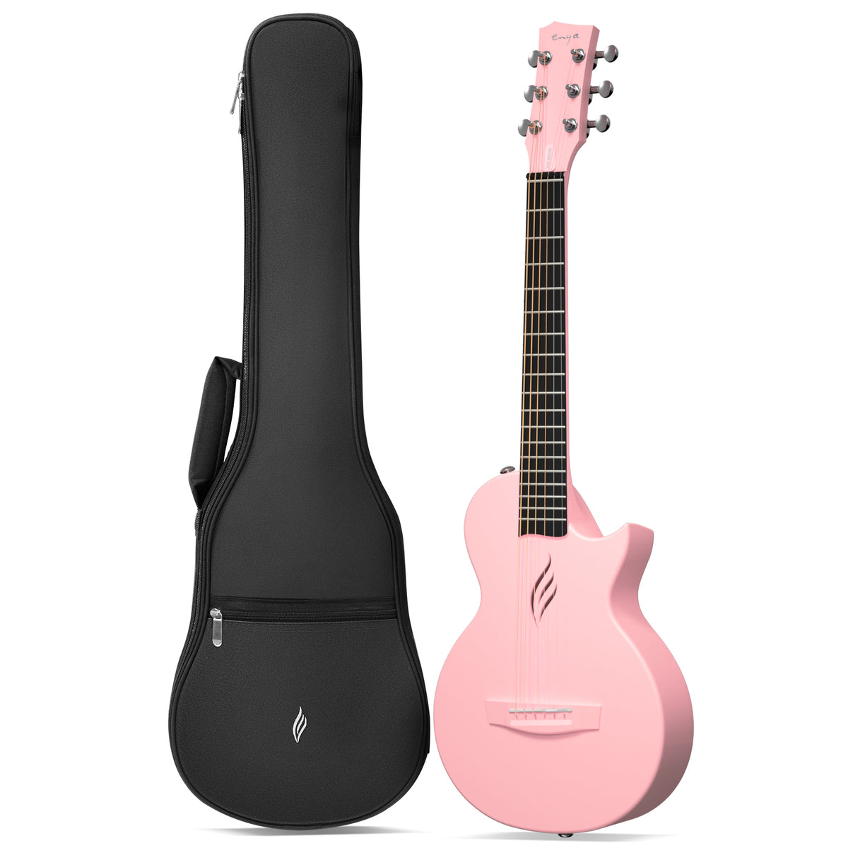 An ultra-lightweight and compact travel guitar, the Nova Go Mini, with a pink satin finish and black diecast tuning machines, displayed alongside its black gig bag.