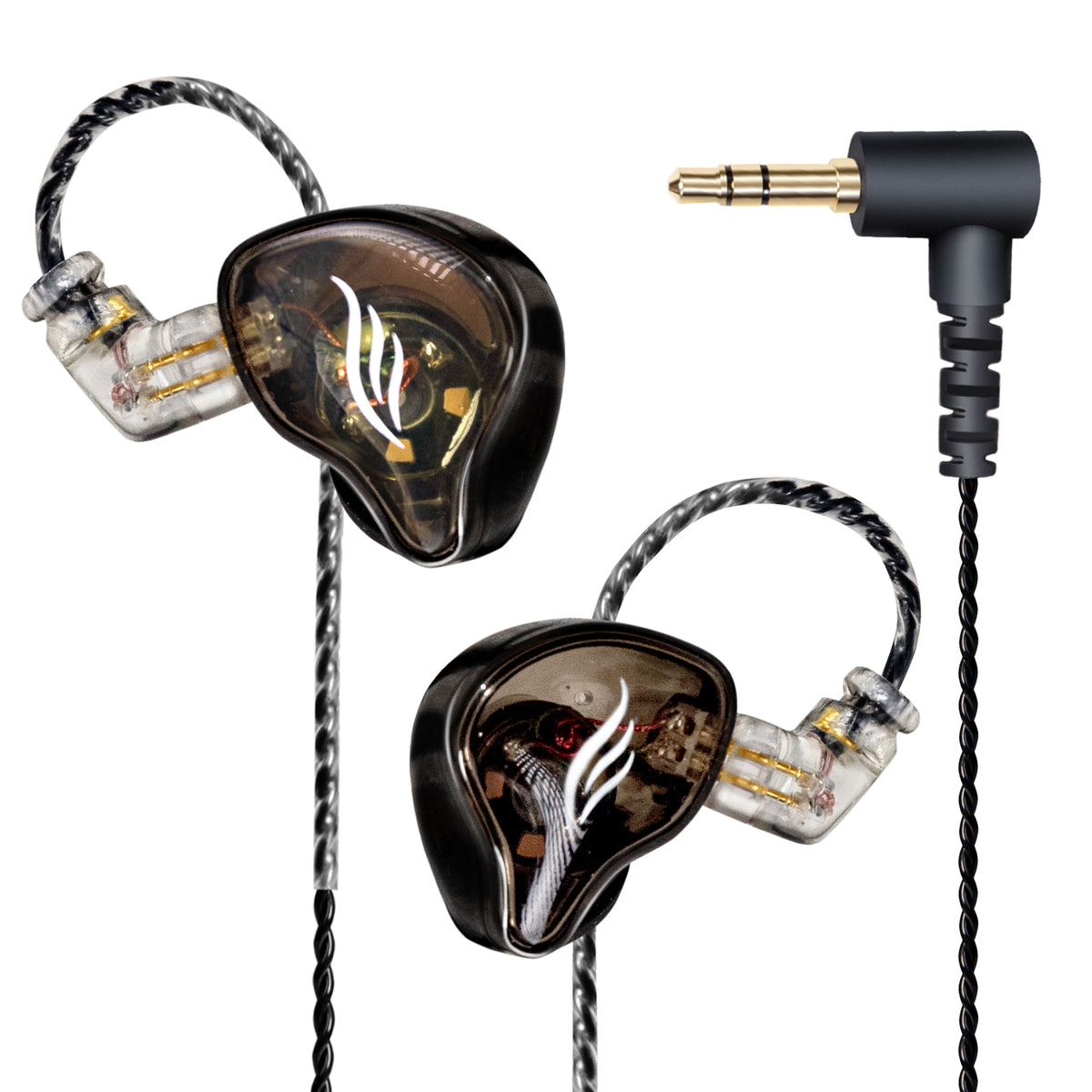 A pair of black wired monitor earphones with a transparent section showcasing the internal components and a 3.5 mm audio jack.