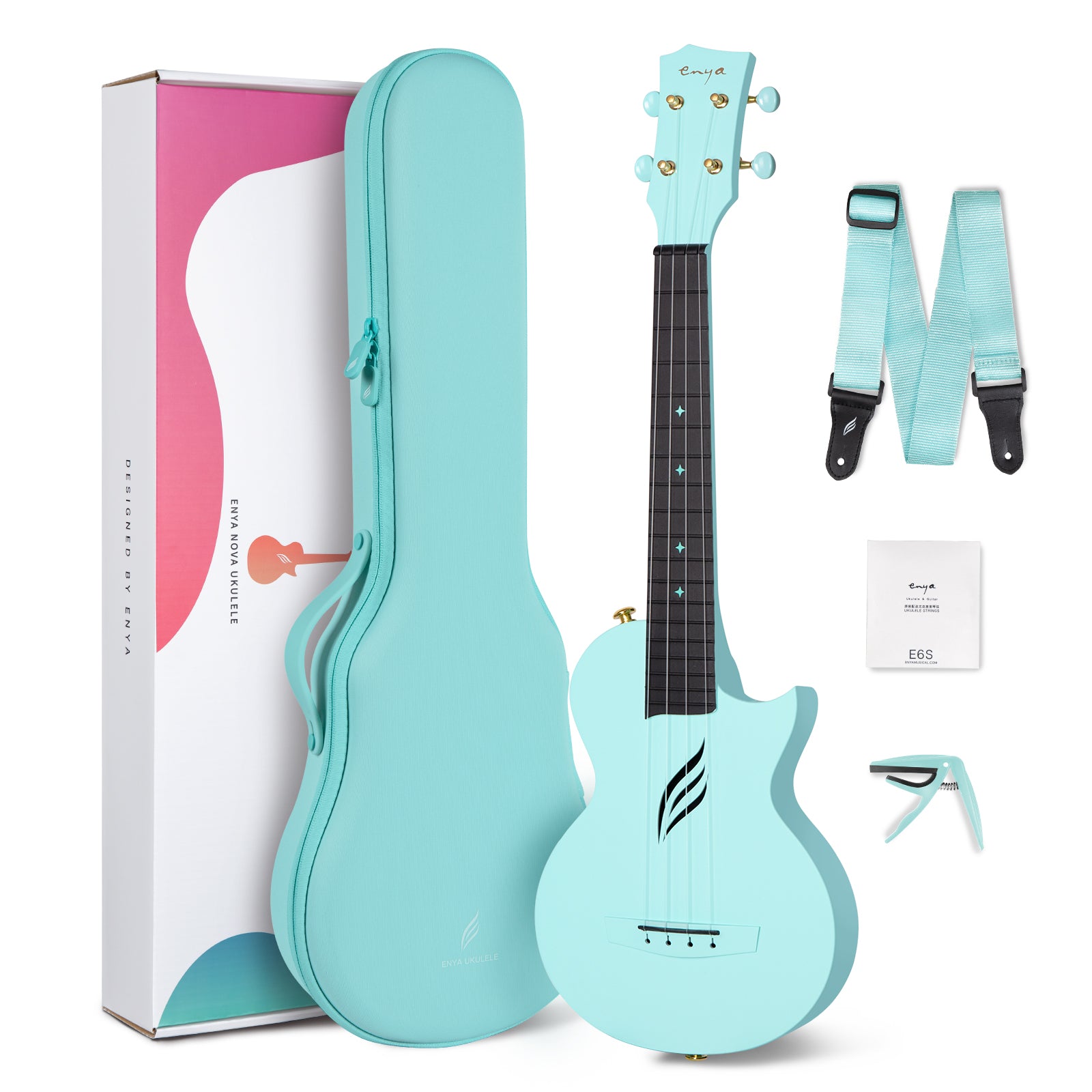 Blue ukulele with accessories including a case, strap, and instructional book on a white background.