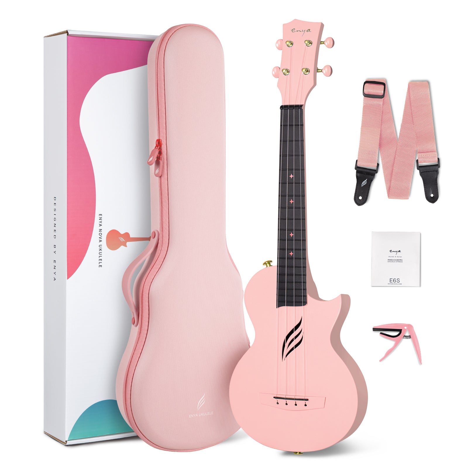 Pink ukulele with accessories including a case, strap, and instruction manual on a white background.