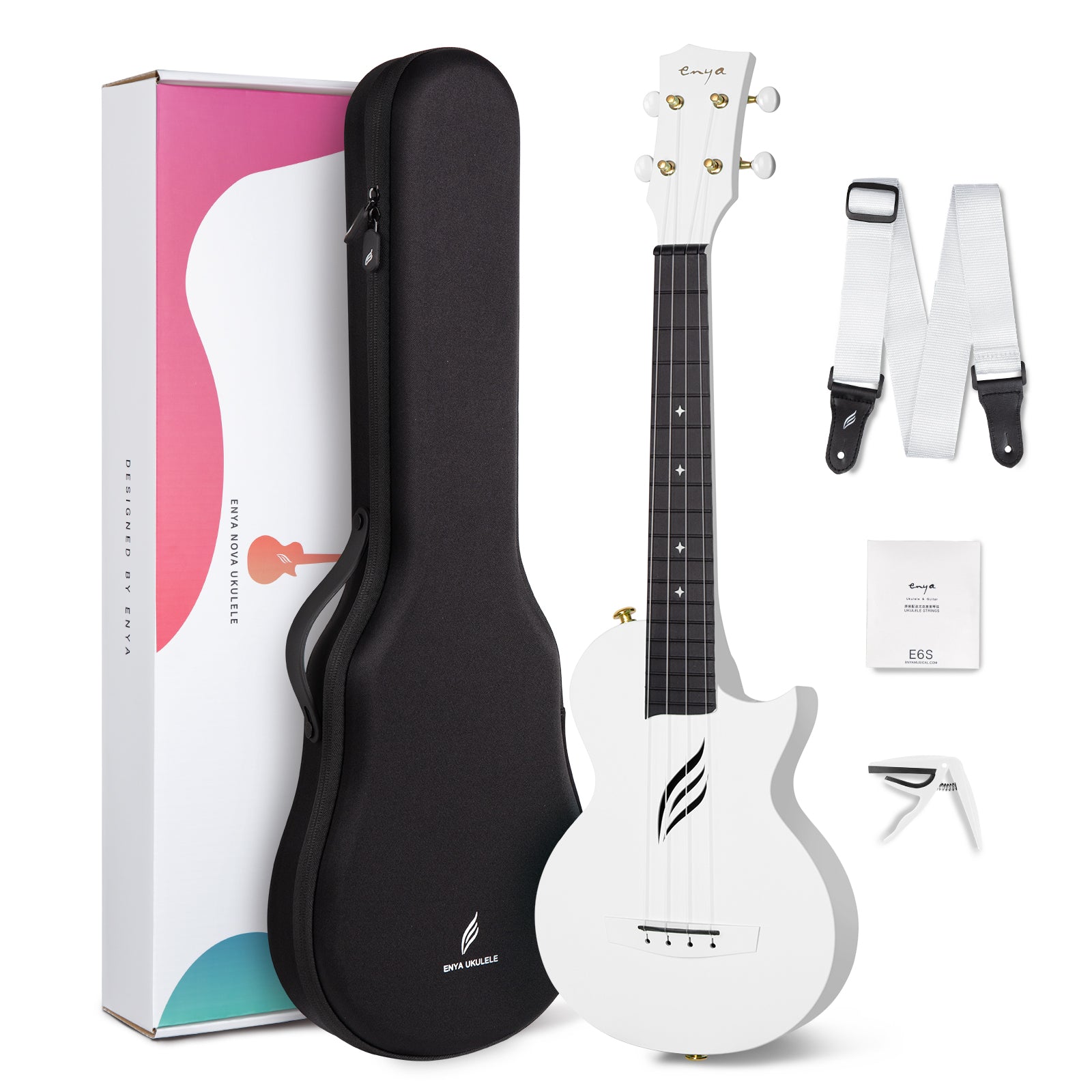 White ukulele with black case, strap, and accessories on a white background