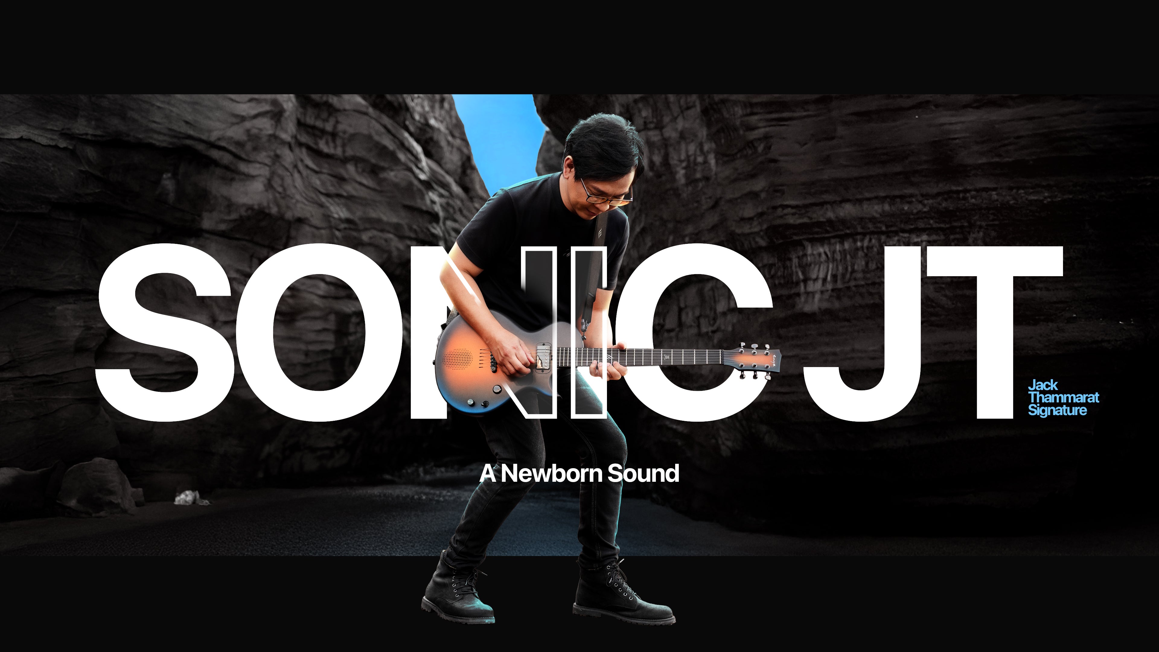 Person playing guitar with 'Sonic JT' branding and 'A Newborn Sound' text on a dark background