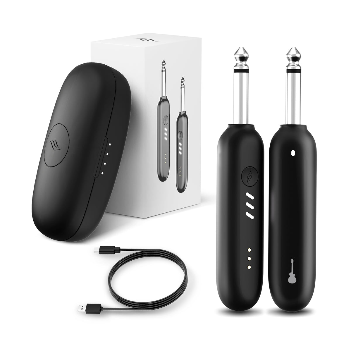 A wireless guitar system including a transmitter and a receiver, both in black color, with a USB charging cable and packaging box.