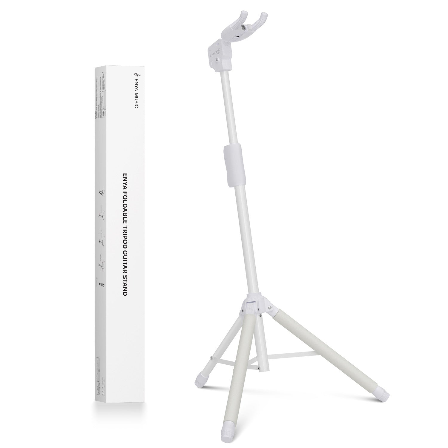 White adjustable tripod stand with packaging on a white background
